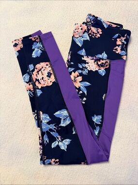 LuLaRoe Navy Floral Active Fitness Leggings with Purple Panels